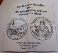 1999, KAUFBEUREN - CRESCENTIA, NÉMET SZÍNEZÜST EMLÉKÉREM, PP!