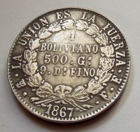 1867, BOLÍVIA, 1 BOLIVIANO, REPLIKA!